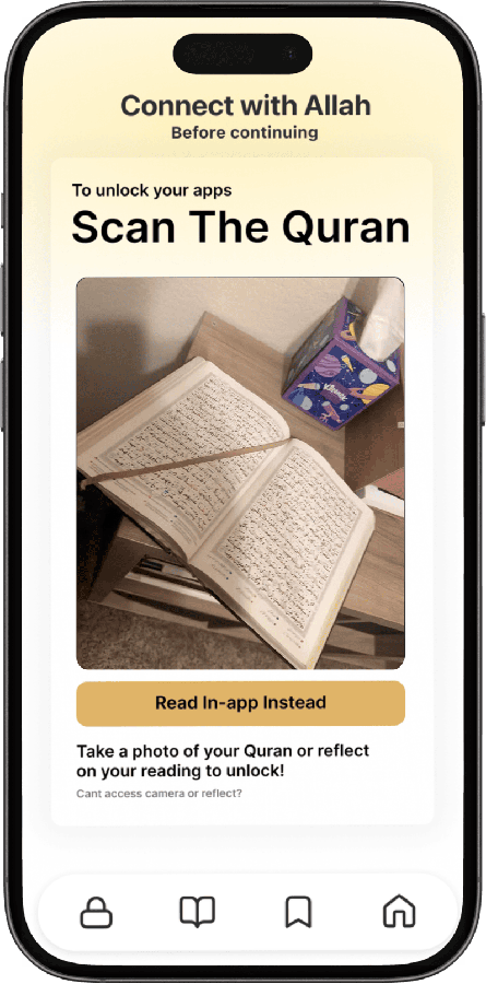 Quran Mode mobile preview showing camera-based Quran or prayer mat unlocking